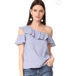 Madewell One Shoulder Ruffle Blue Striped Top 4